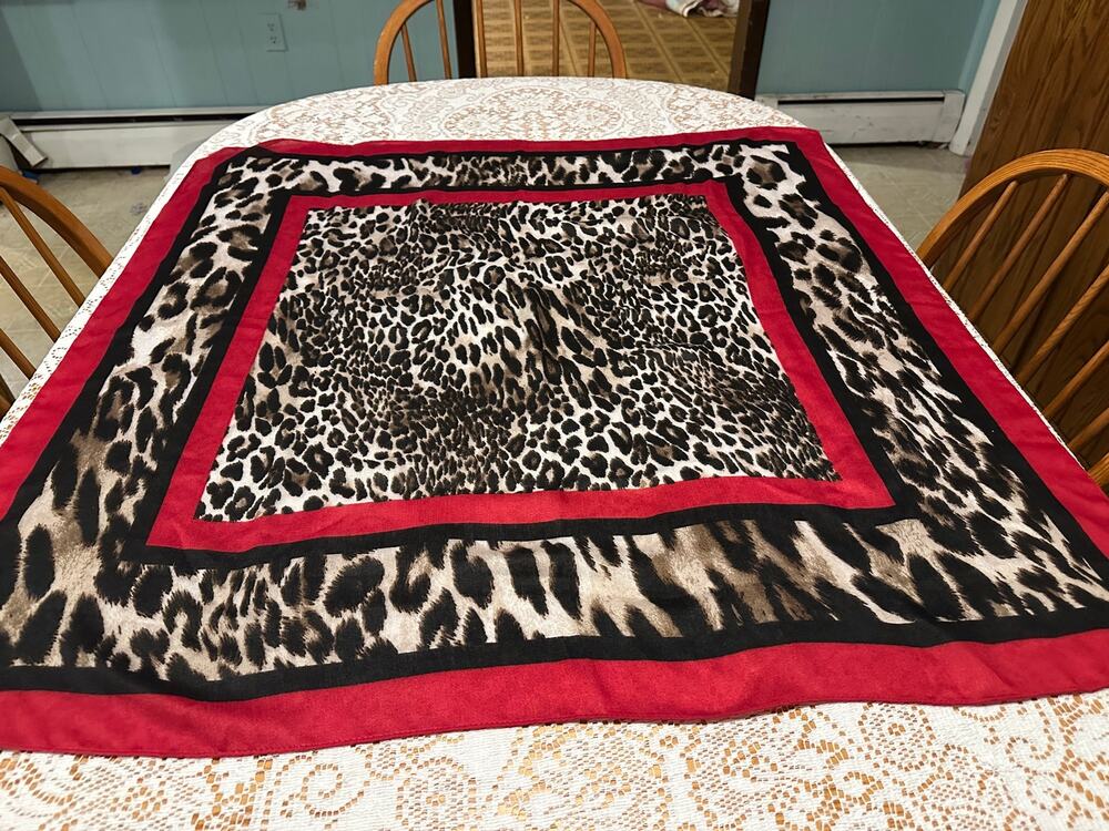 Leopard Print Scarf Silk Blend Large Square Wrap Red Black Border Bandana Shawl